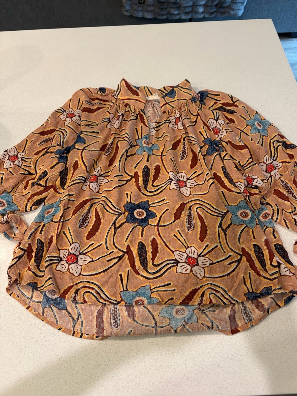 Christian Siriano floral boho top with tie sleeves